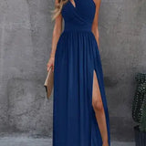 Vestido Longo Um Ombro Só Com Fenda Azul