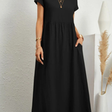 Vestido Longo Feminino Preto de Algodão e Linho Estilo Vintage com Bolsos