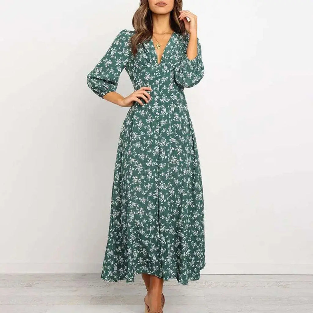 Vestido Feminino Manga 3/4 Florido Verde
