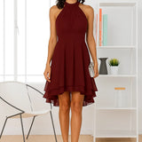 Vestido Chiffon Cintura Alta Sem Manga Vinho