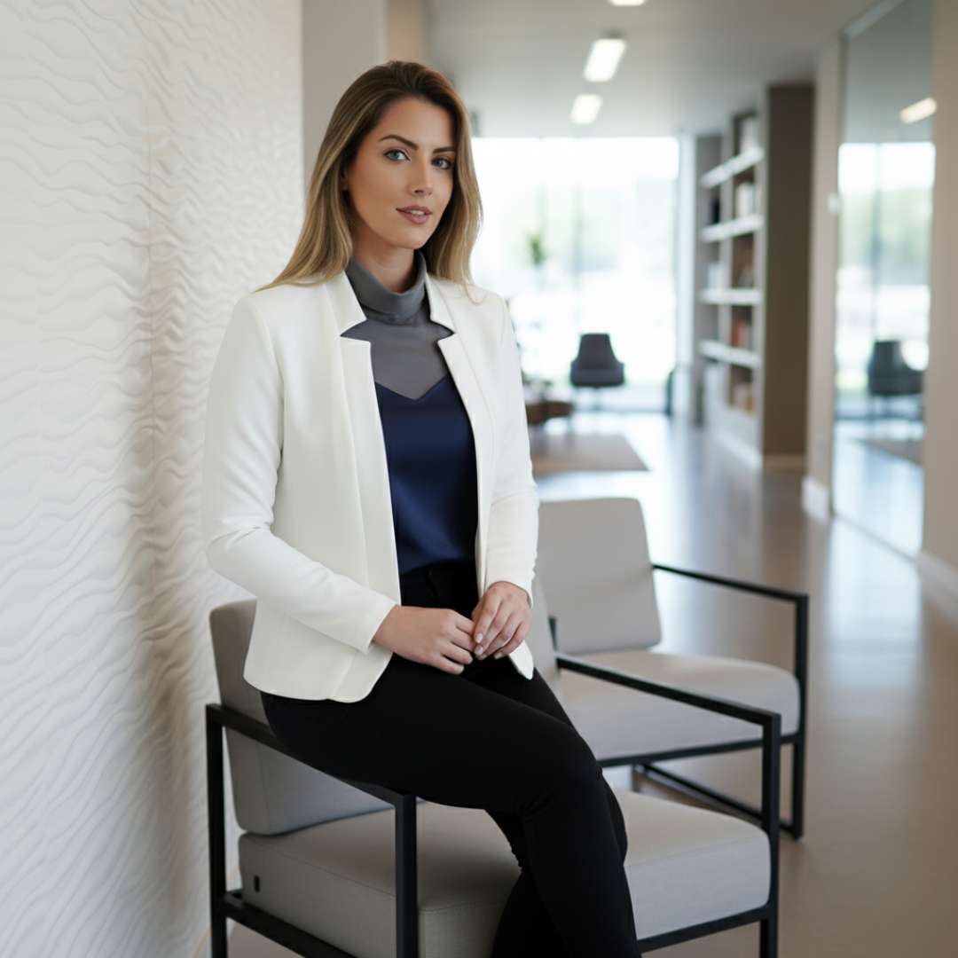 Blazer Feminino Alfaiataria Branco Corte Slim Acinturado em modelo sentada em poltrona, mostrando o caimento acinturado com calça preta