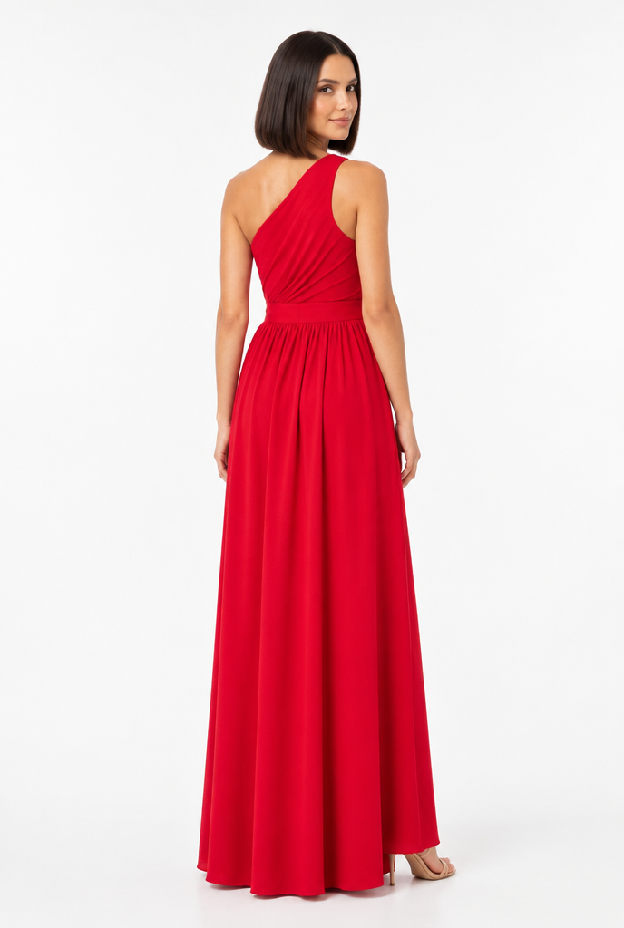 Vestido Longo Um Ombro Só Com Fenda Vermelho - vista de costas, corpo inteiro