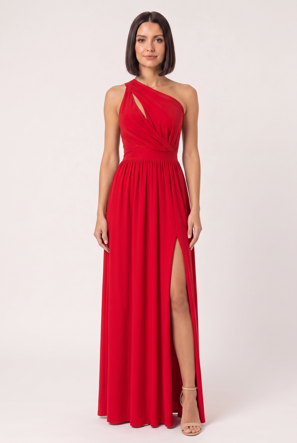 Vestido Longo Um Ombro Só Com Fenda Vermelho - modelo de corpo inteiro de frente