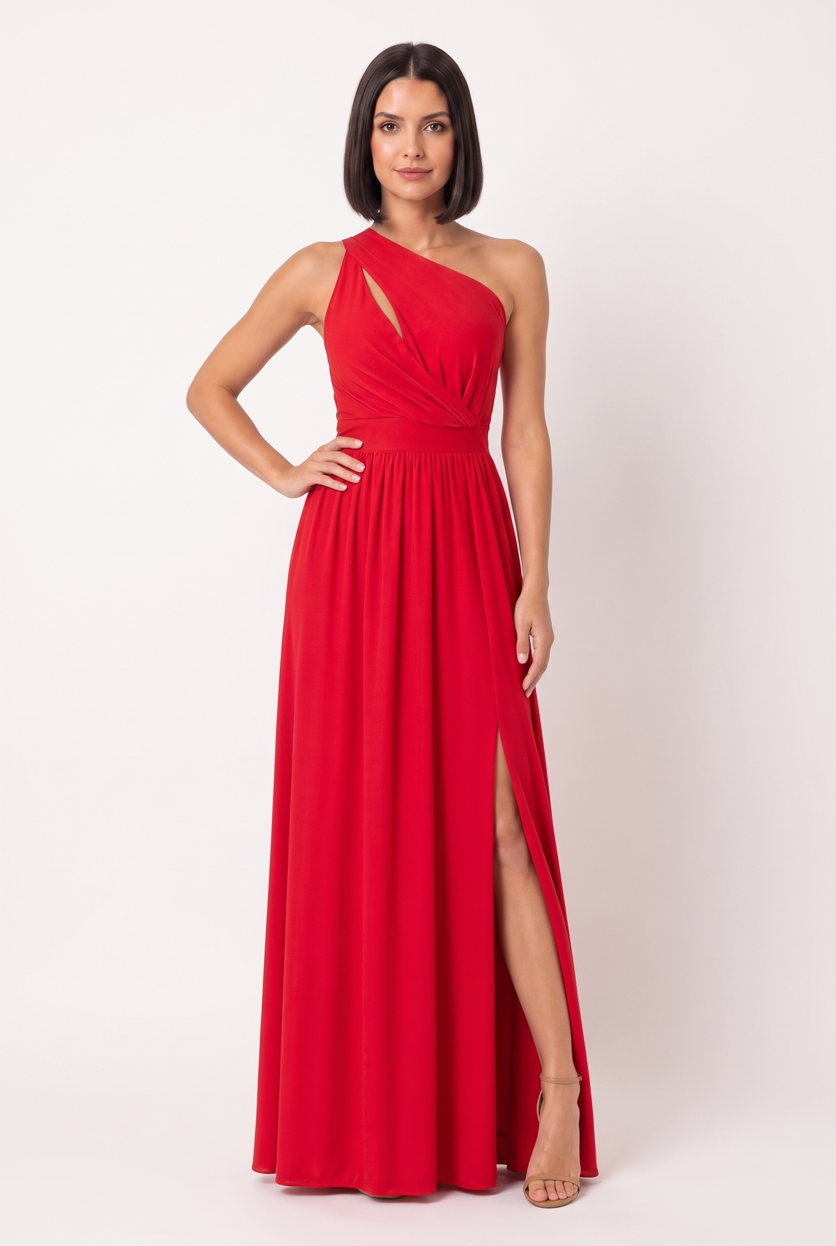 Vestido Longo Um Ombro Só Com Fenda Vermelho - modelo de frente com a mão no quadril