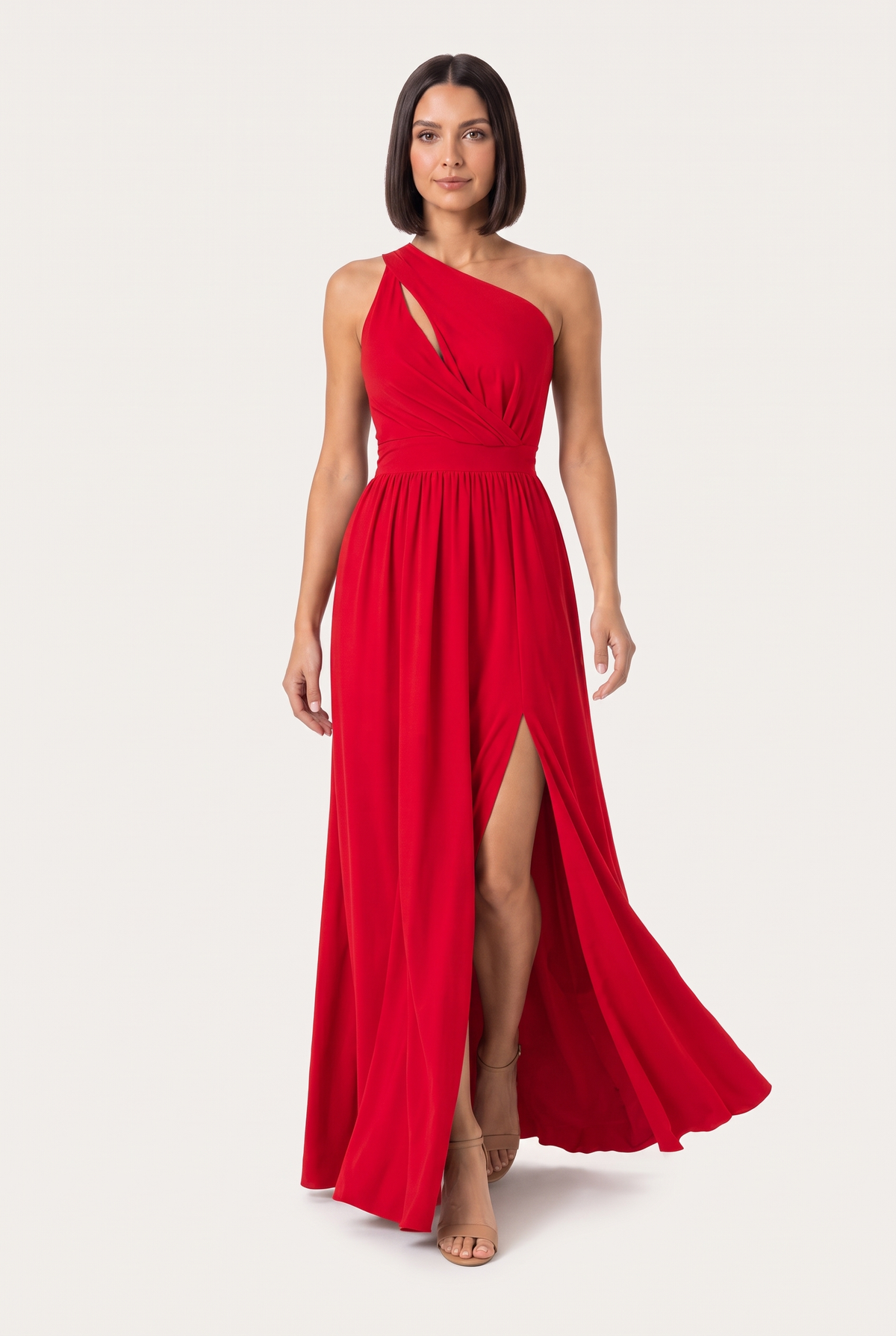 Vestido Longo Um Ombro Só Com Fenda Vermelho - modelo caminhando, dando um passo à frente