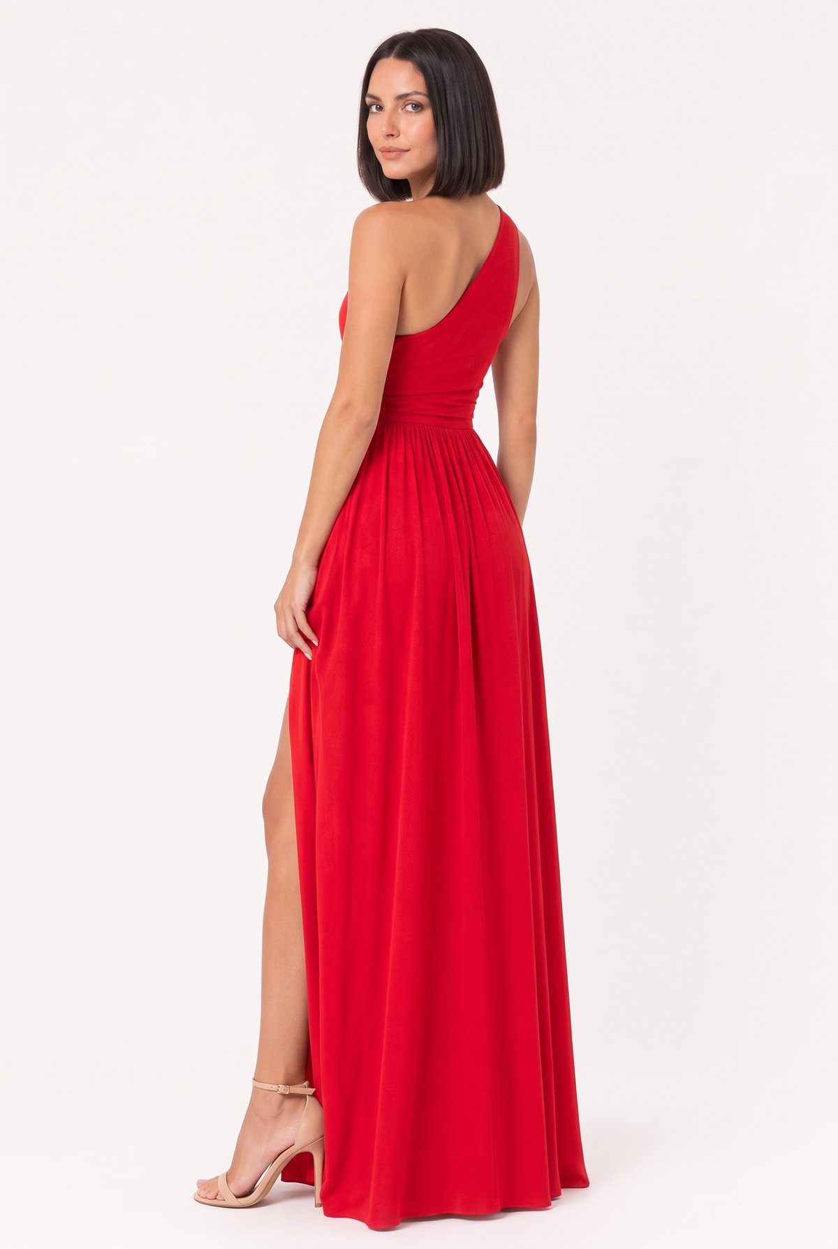 Vestido Longo Um Ombro Só Com Fenda Vermelho - pose de três quartos vista de costas, mostrando o comprimento atrás