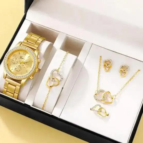 Kit Presente 5 em 1 Dourado na caixa, com relógio, pulseira, anel, colar e brincos de coração com cristais