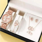 Kit Presente 5 em 1 Rosé Gold na caixa, com relógio, pulseira, anel, colar e brincos de coração com cristais