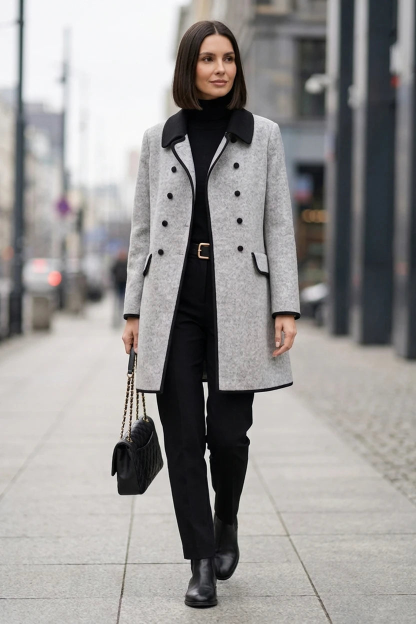Sobretudo Feminino Longo com Tecido Macio e Corte Elegante em cena urbana, modelo caminhando na calçada com bolsa preta de corrente