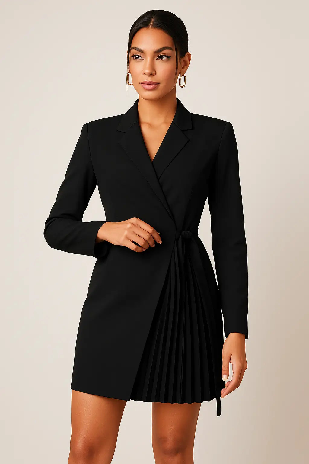 Vestido Blazer Curto Plissado Preto em plano frontal aproximado, com a modelo ajustando a faixa na cintura