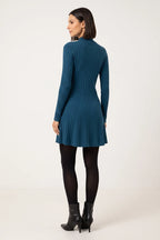 Vestido Curto Canelado Manga Longa Azul - vista de costas, corpo inteiro