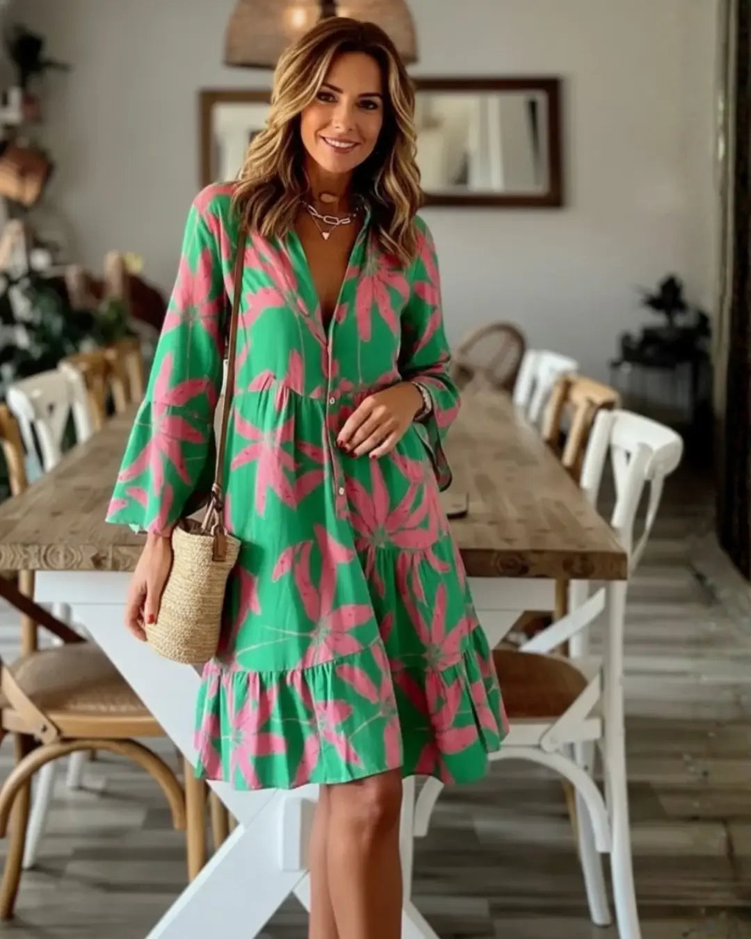 Vestido Curto Estilo Boho Estampado Heloisa em ambiente de sala de jantar, modelo de frente com colares sobrepostos