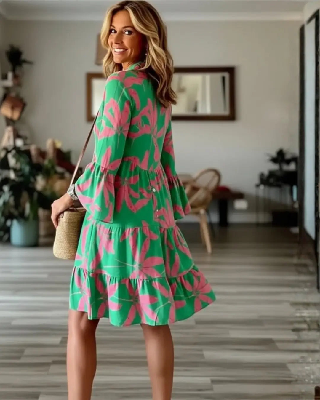Vestido Curto Estilo Boho Estampado Heloisa visto de costas, mostrando o babado da barra e o caimento solto