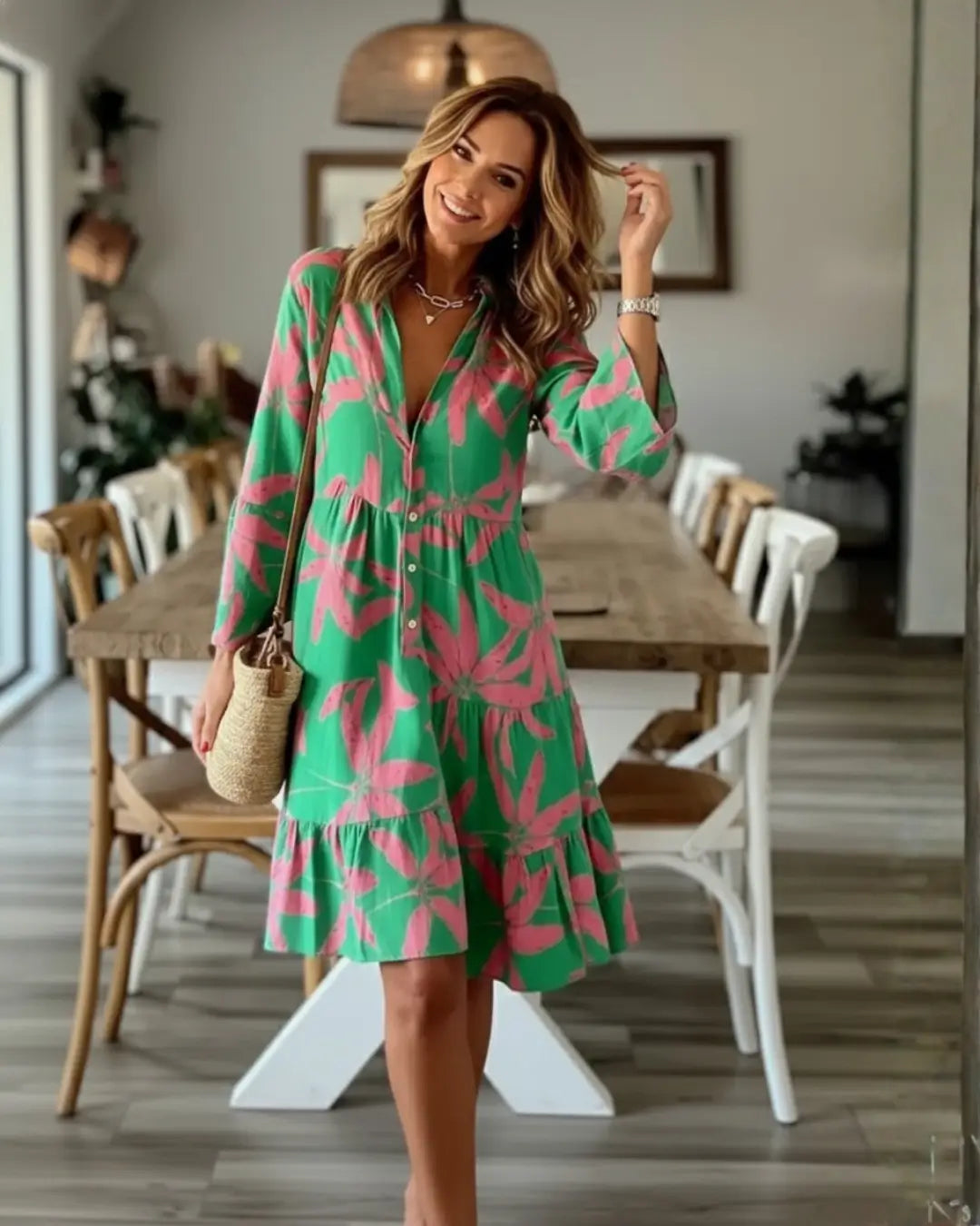 Vestido Curto Estilo Boho Estampado Heloisa de frente, com a modelo ajeitando o cabelo e bolsa de palha no braço