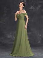 Vestido de Festa Longo Verde Oliva com Decote Ombro a Ombro
