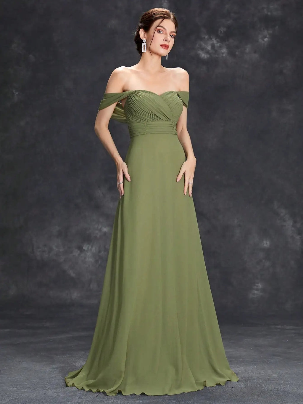 Vestido de Festa Longo Verde Oliva com Decote Ombro a Ombro