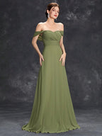 Vestido de Festa Longo Verde Oliva com Decote Ombro a Ombro