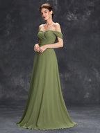 Vestido de Festa Longo Verde Oliva com Decote Ombro a Ombro
