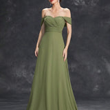 Vestido de Festa Longo Verde Oliva com Decote Ombro a Ombro