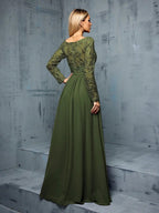 Vestido de Festa Longo Verde Oliva em Chiffon com Bordado Floral