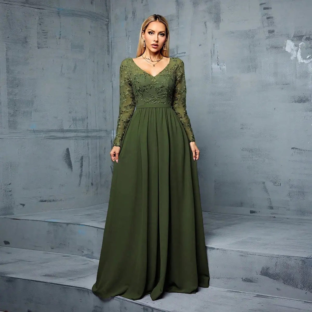 Vestido de Festa Longo Verde Oliva em Chiffon com Bordado Floral