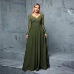 Vestido de Festa Longo Verde Oliva em Chiffon com Bordado Floral