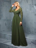 Vestido de Festa Longo Verde Oliva em Chiffon com Bordado Floral