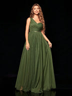 Vestido de Festa Longo Verde Oliva em Tule com Decote V