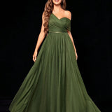 Vestido de Festa Longo Verde Oliva em Tule com Decote V