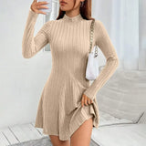 Vestido Curto Canelado Manga Longa Cáqui