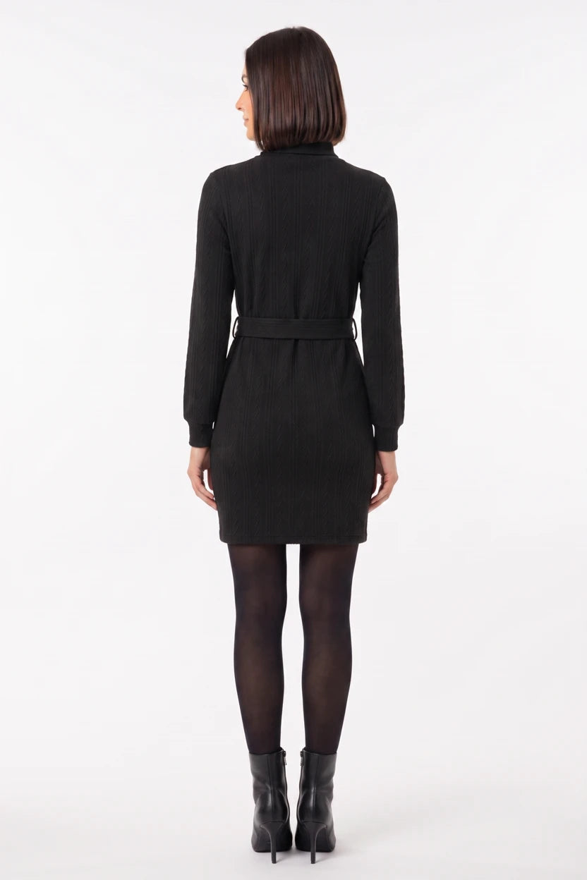 Vestido de Malha Gola Alta com Cinto Preto - vista de costas, corpo inteiro