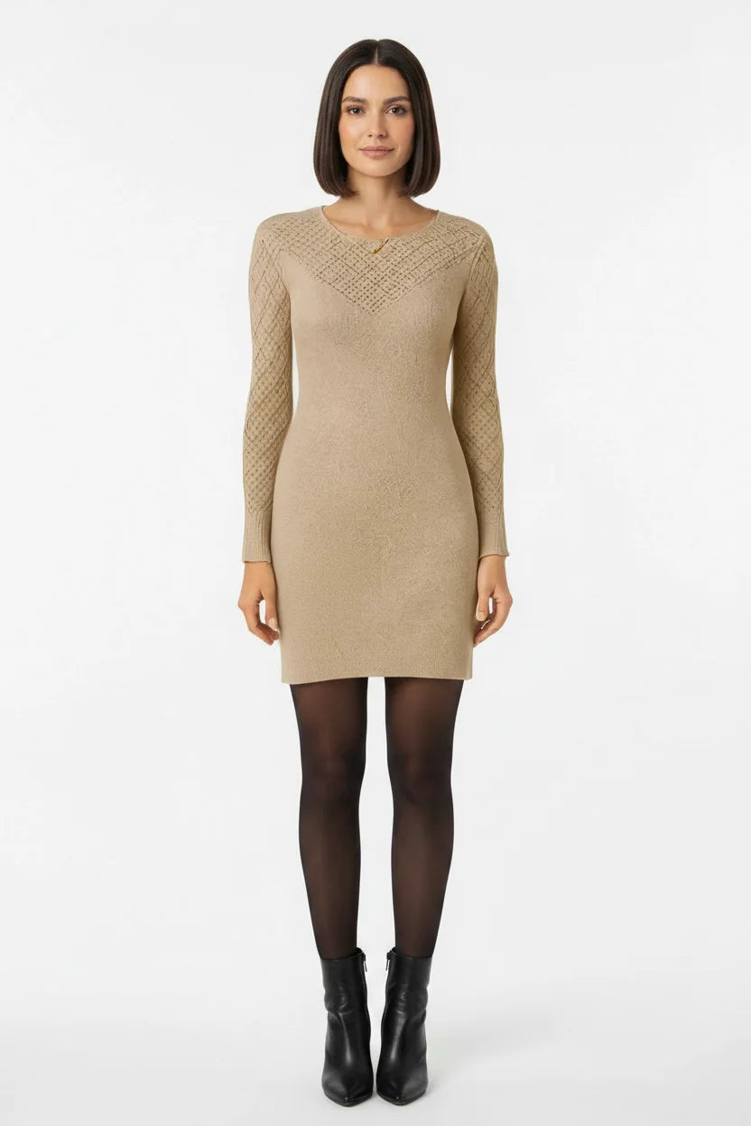 Vestido de Tricô com Mangas Vazadas e Estilo Casual Elegante Bege