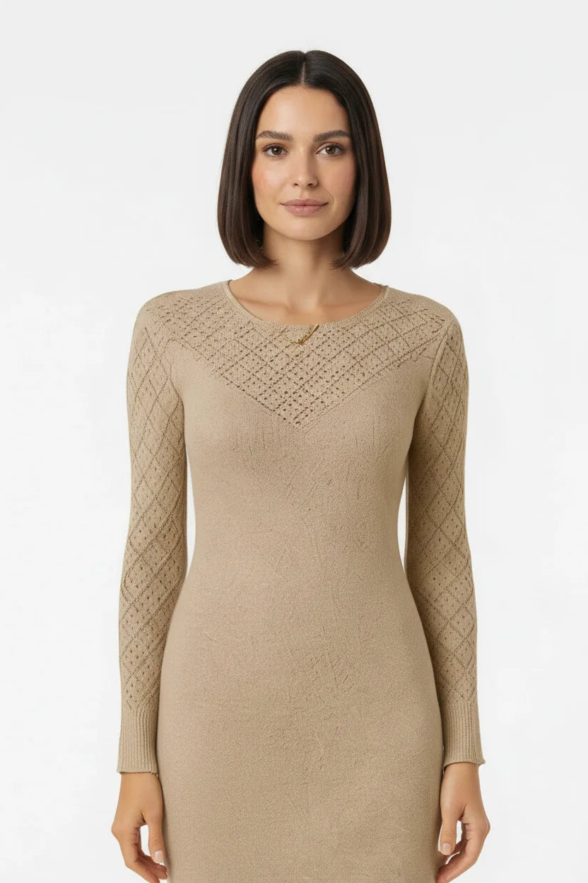 Vestido de Tricô com Mangas Vazadas e Estilo Casual Elegante Bege