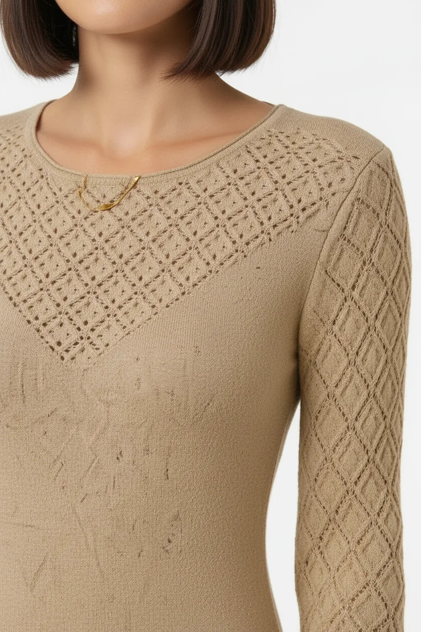 Vestido de Tricô com Mangas Vazadas e Estilo Casual Elegante Bege