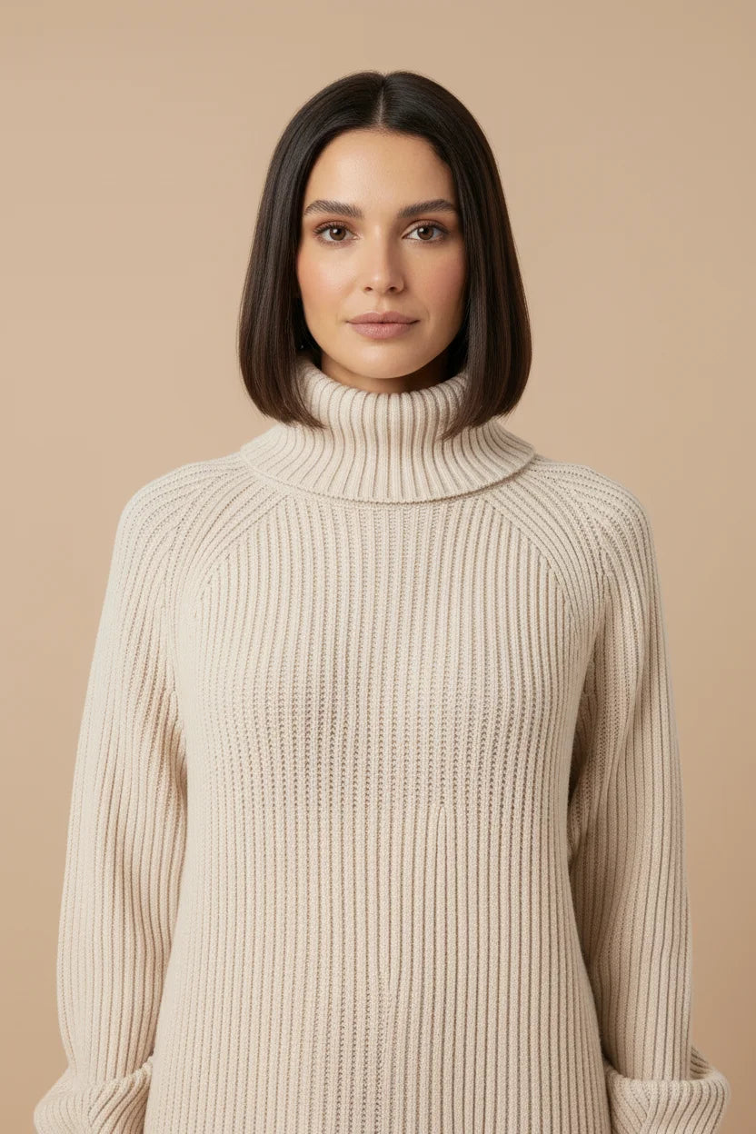 Vestido de Tricot Oversized Gola Alta Bege em close sobre fundo bege, evidenciando a textura canelada do tricot