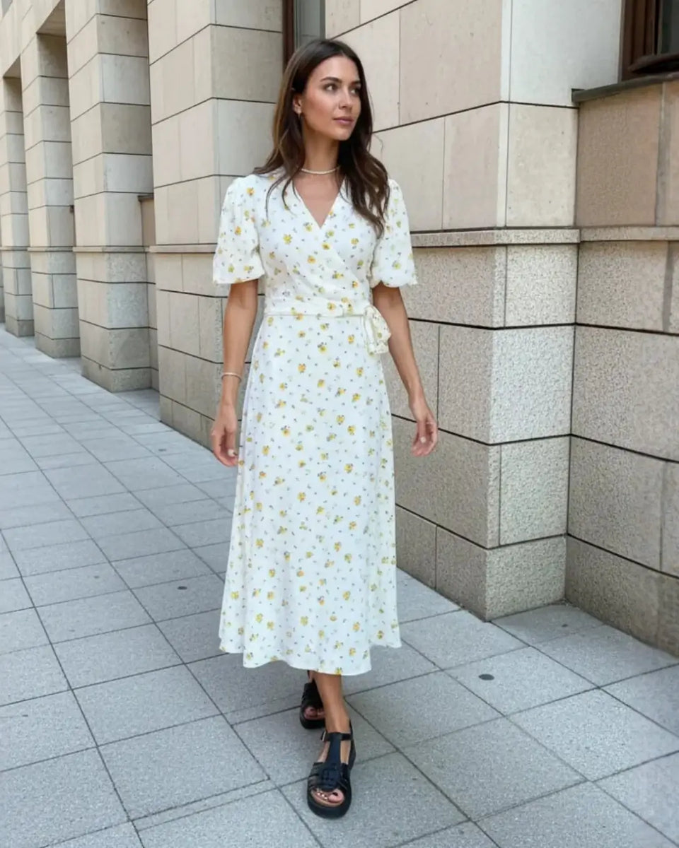 Vestido Feminino Longo Florido Amarelo em cena urbana, visto de frente com faixa na cintura e sandália preta