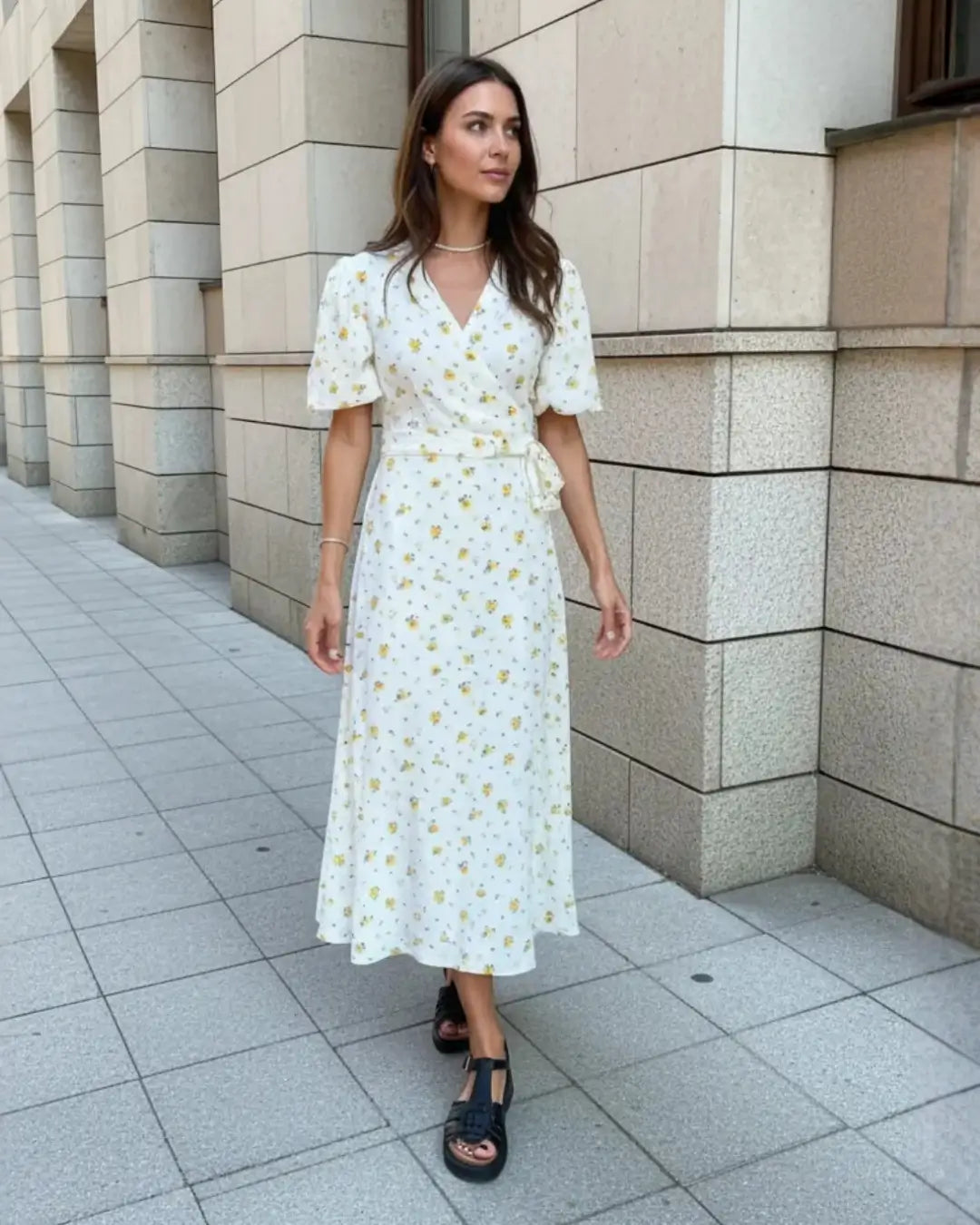 Vestido Feminino Midi Florido Amarelo em cena urbana, visto de frente com faixa na cintura e sandália preta