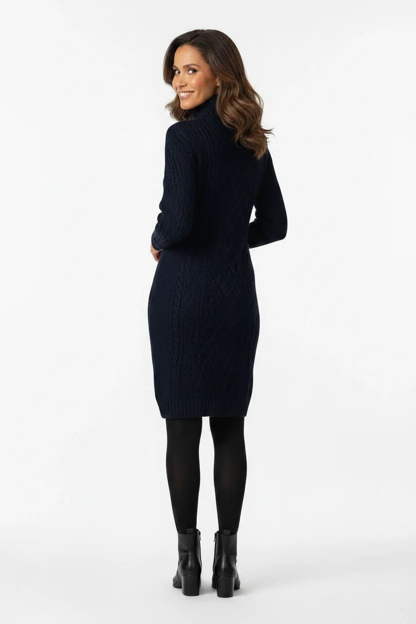 Vestido Feminino Suéter Gola Alta Inverno azul-marinho, visto de costas com o desenho da trança na malha