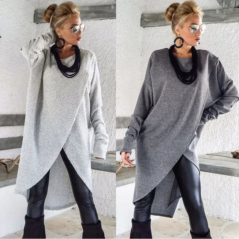 Vestido Feminino Suéter Manga Longa Inverno em composição com as duas cores, cinza-claro e cinza-escuro, lado a lado