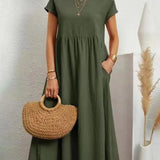 Vestido Longo Feminino Verde Oliva em Algodão e Linho Estilo Boho com Bolsos