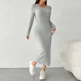 Vestido Longo de Malha Manga Longa Cinza