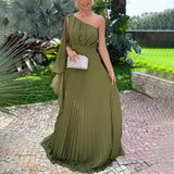 Vestido Longo Plissado Feminino Verde de Um Ombro Só