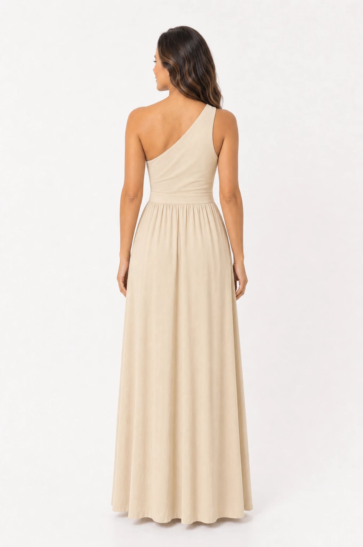 Vestido Longo Um Ombro Só Com Fenda Bege - vista de costas, corpo inteiro