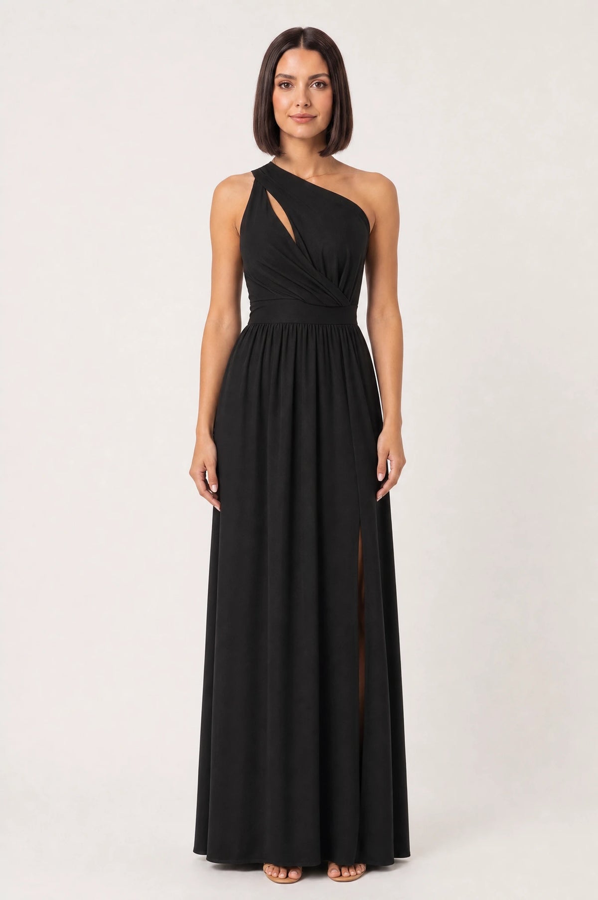 Vestido Longo Um Ombro Só Com Fenda Preto - modelo de corpo inteiro de frente