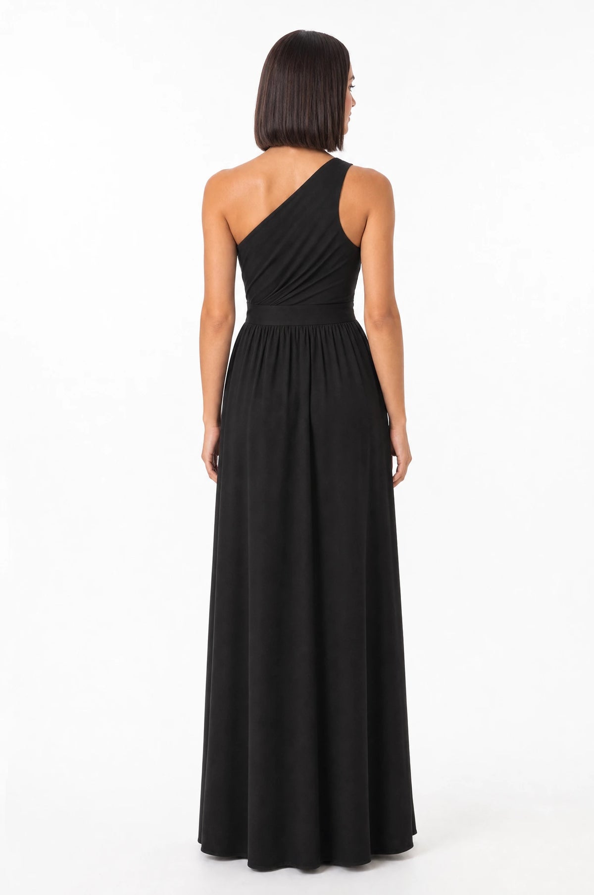Vestido Longo Um Ombro Só Com Fenda Preto - vista de costas, corpo inteiro