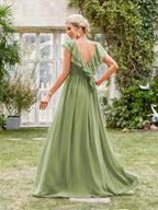 Vestido Longo Verde Fluido com Decote em V e Mangas de Babado