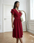 Vestido Midi Feminino Decote V Jade Vermelho