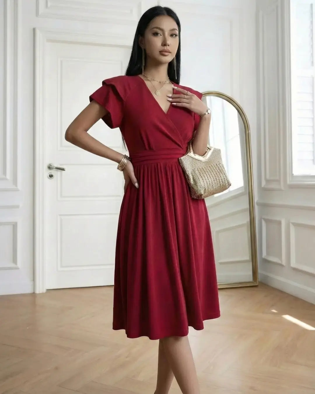 Vestido Midi Decote V Jade Vermelho visto de frente, com manga curta em babado, cintura franzida e bolsa de palha