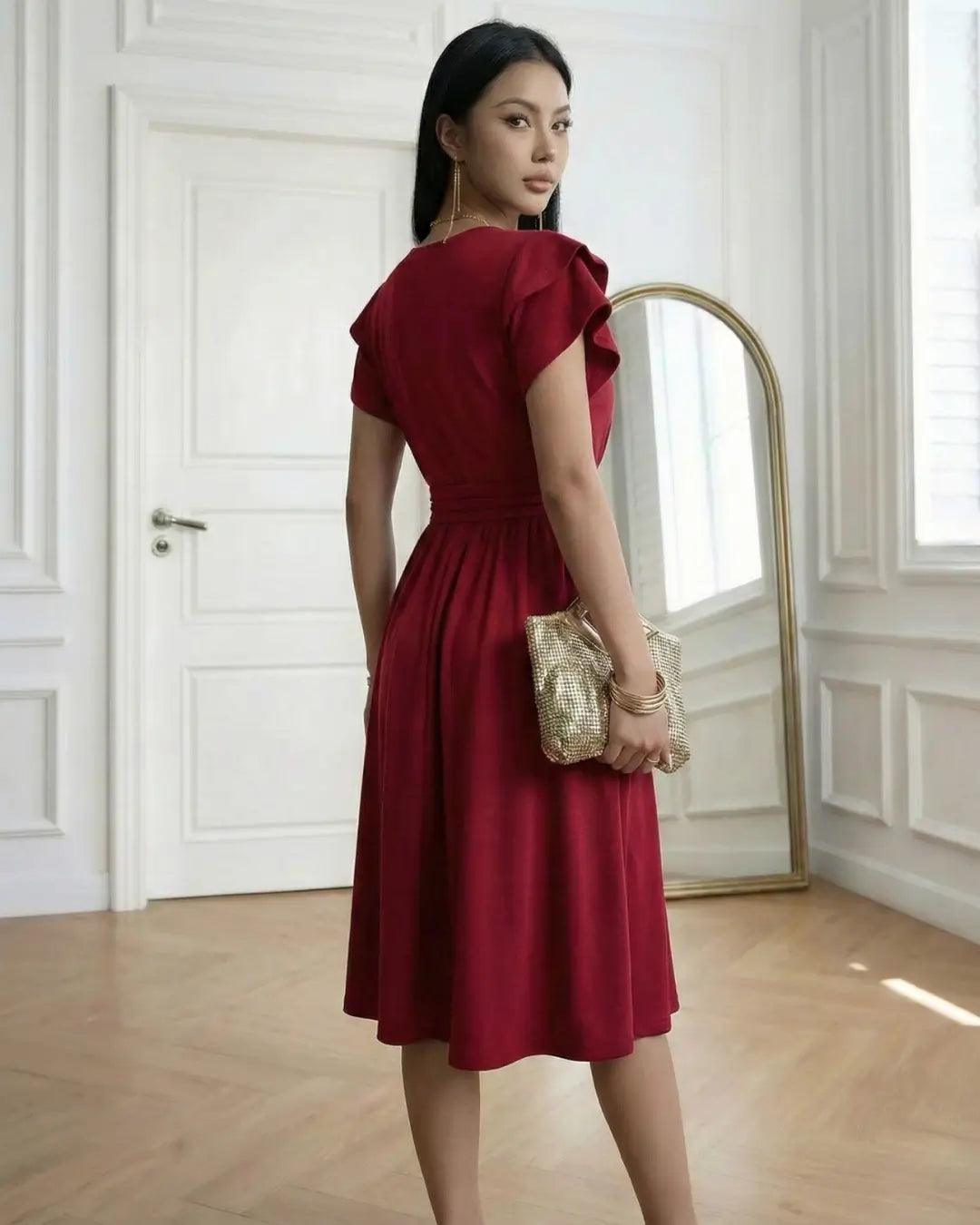 Vestido Midi Decote V Jade Vermelho visto de costas, mostrando o caimento rodado e o franzido do cós