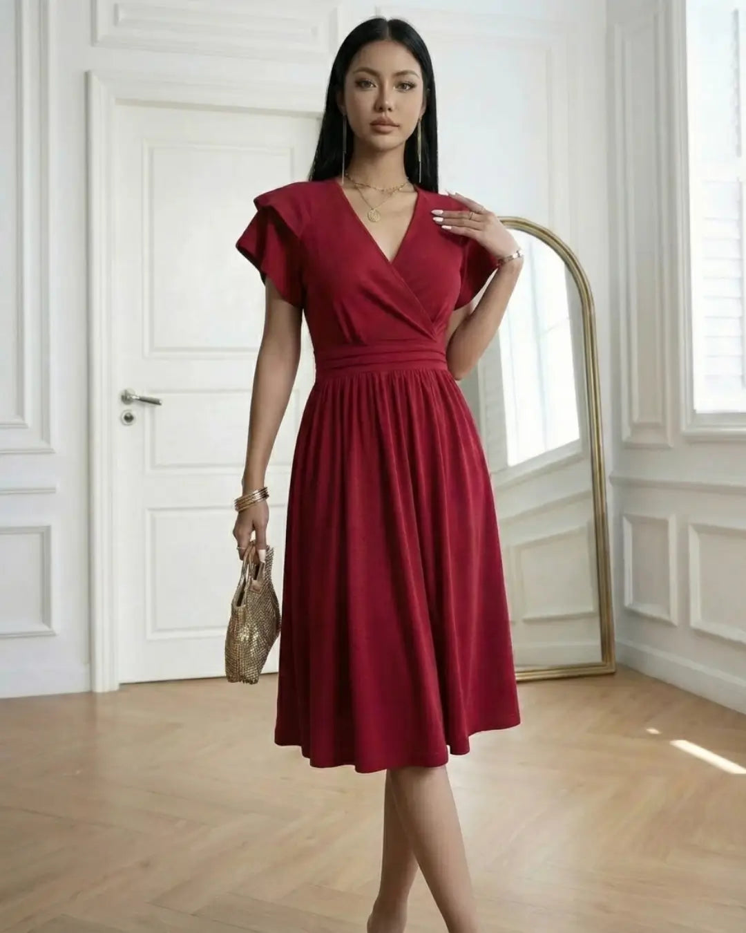 Vestido Midi Decote V Jade Vermelho em plano frontal, com a mão apoiada no peito e bolsa de palha